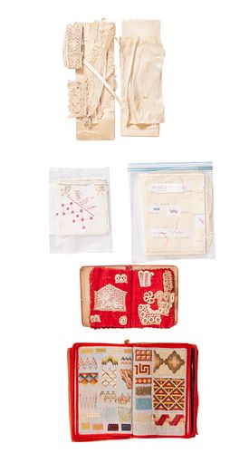 A Needlework Sampler Book, Together with a Smaller Crochet Sampler Book, Annontated Needlework Samples, a Turkish Embroidered Towels, and a Book with 