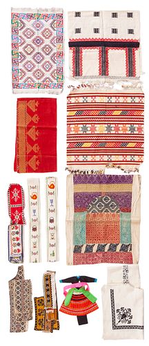 A Moroccan Fez Embroidered Pillow Cover, Together with an Assorted Group of Eleven Woven and Embroidered Textiles