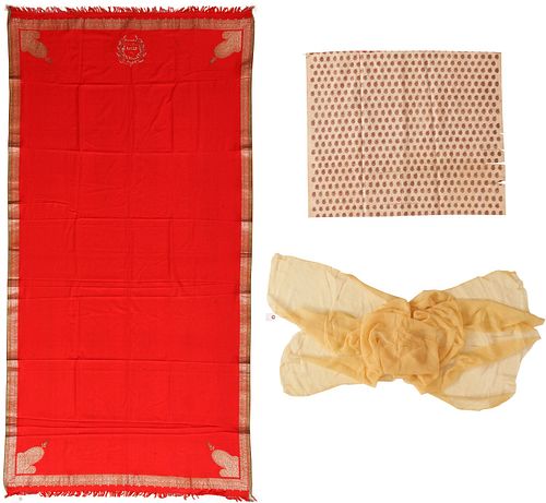 A Red Indian Embroidered Shawl, Together with an Indian Silk Brocade Fragment and a Yellow Silk Scarf