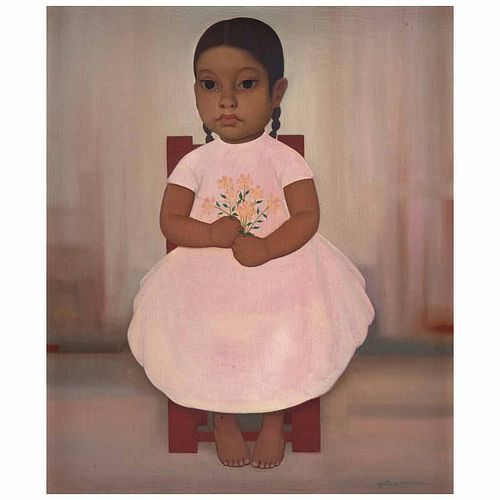 GUSTAVO MONTOYA, Niña en rosa, de la serie Niños Mexicanos, Firmado, Óleo sobre tela, 54 x 44.5 cm