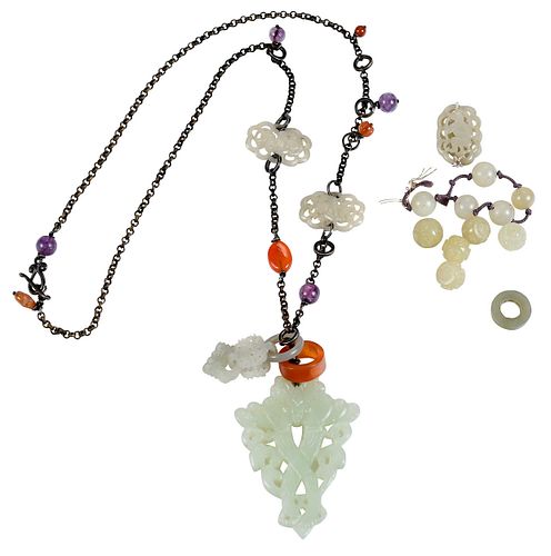 Carved Jade Necklace with Amethyst and Carnelian Beads