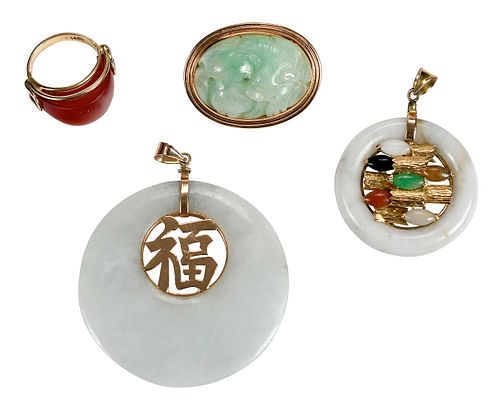 Jade Pendants, Brooch and Carnelian Ring, Collection of Four