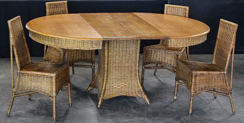 VICTORIAN WICKER PEDESTAL DINING TABLE AND CHAIRS