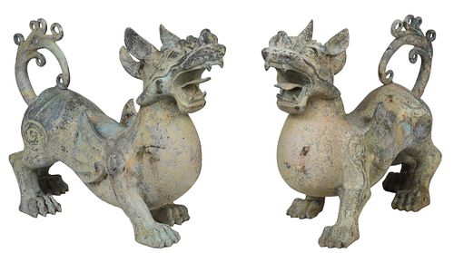 Pair of Chinese Cast Metal and Composite Pixiu Figures