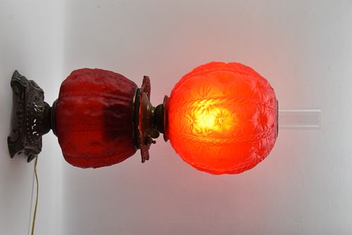 VICTORIAN RUBY SATIN GLASS GONE WITH THE WIND LAMP