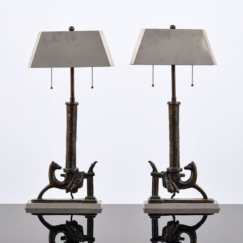 Pair of Diego Giacometti (after) Bronze CHIEN ET FAUCON Table Lamps