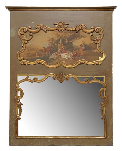 LARGE FRENCH GILT PAINTED TRUMEAU MIRROR, 70.5"H