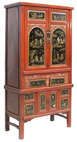 CHINESE GILT-DECORATED RED-LACQUER CABINET