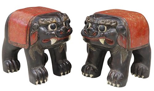 (2) JAPANESE CARVED SHISHI GUARDIAN LION BENCHES
