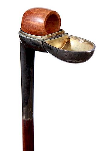 42. Pipe Holder Cane- Early 20th Century- A hallmarked British handle which doubles as a container cane for a 9” pipe, hing