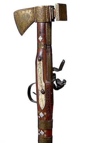 68. Flintlock Gun Cane- Ca. 1850- A flintlock Middle Eastern gun cane in working condition with various inlays of mother of p