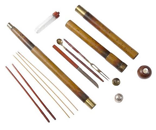 108. Asian Picnic Cane- Ca. 1890- An unusual three compartment picnic cane with various tools and utensils, it contains every