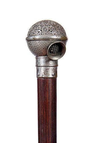 130. Cricket Cage Cane- Ca. 1880- An unusual Japanese cricket cage ball cane handle which unscrews from the shaft, a small cr