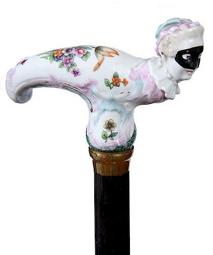 144. K.P.M. Porcelain Cane- Late 19th Century- A hand painted porcelain handle in near mint condition, bright and vibrant, fl