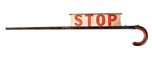 190. Crossing Guard Stop Sign- Ca. 1925- A working “Saf-a-kros Cane Co.” system cane, exotic wood handle with push button