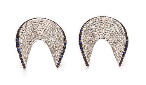 A Pair of White Gold, Diamond and Sapphire Earclips, 17.00 dwts