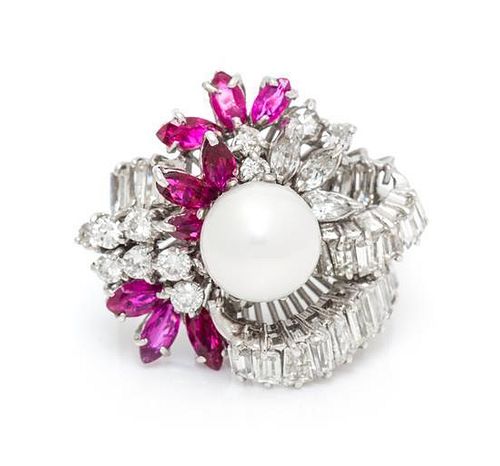 An 18 Karat White Gold, Natural Pearl, Diamond and Ruby Ring, 7.80 dwts.
