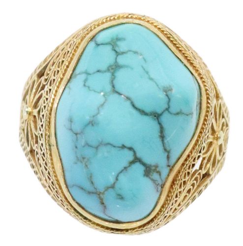 ESTATE 14KT YELLOW GOLD FILLIGREE & TURQUOISE RING