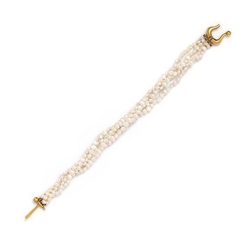 An 18 Karat Yellow Gold and Freshwater Pearl Buckle Motif Bracelet, Paloma Picasso for Tiffany & Co.,
