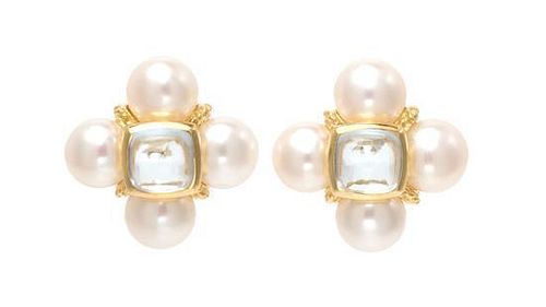 A Pair of Yellow Gold, Cultured Pearl and Aquamarine Earclips, Maz, 13.60 dwts.