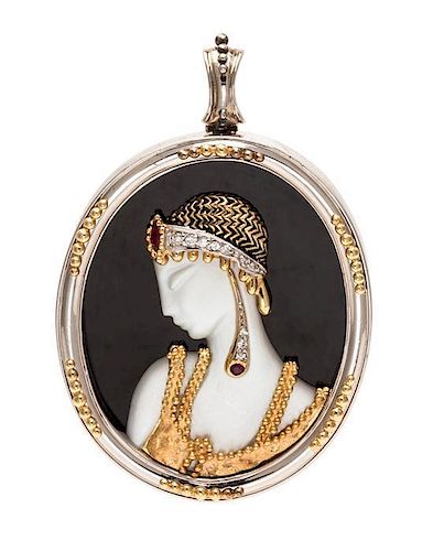 A Sterling Silver, 14 Karat Yellow Gold, Onyx, Mother-of-Pearl, Diamond and Ruby "Salome" Pendant/Brooch, Erte, 16.20 dwts.