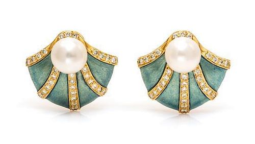 A Pair of 18 Karat Yellow Gold, Diamond, Cultured Pearl and Enamel Shell Motif Earrclips, 13.40 dwts.