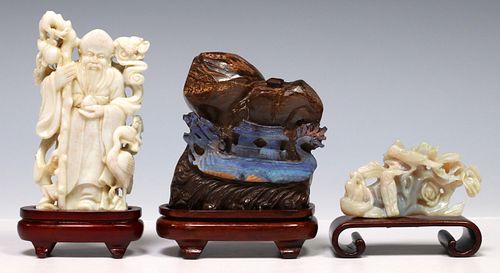 (3) CHINESE CARVED WHITE & BOULDER OPAL FIGURES