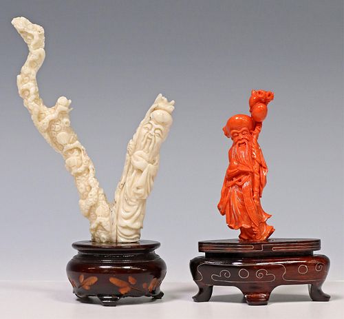 (2) CHINESE CARVED CORAL SHOULAO FIGURES ON BASES