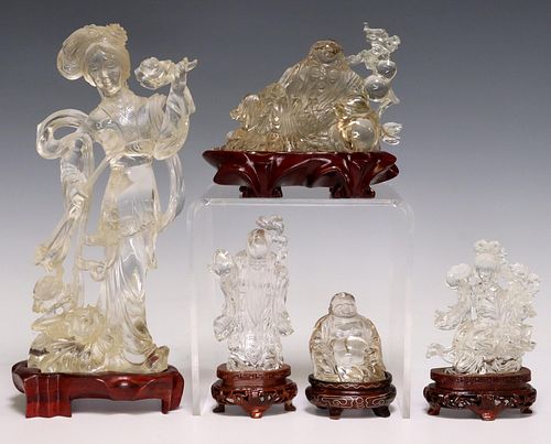 (5) CHINESE ROCK CRYSTAL CABINET FIGURES ON BASES