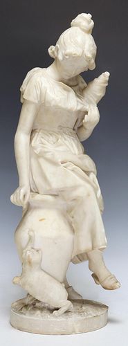 CARVED ALABASTER SCULPTURE LADY SPINNING WITH CAT
