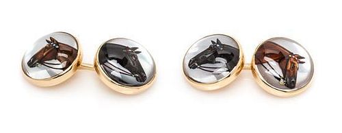 A Pair of 14 Karat Yellow Gold, Mother-of-Pearl and Essex Horse Motif Cufflinks, 6.60 dwts.