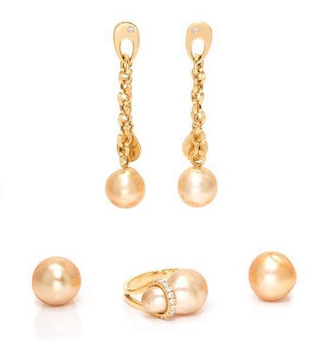 A Collection of 18 Karat Yellow Gold, Cultured Golden South Sea Pearl and Diamond Jewelry, Yvel, 15.40 dwts.