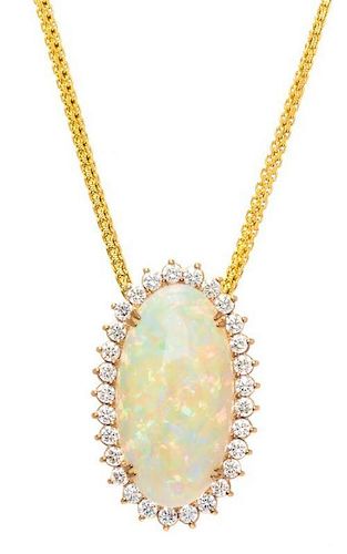 A Yellow Gold, Opal and Diamond Pendant, 18.90 dwts.