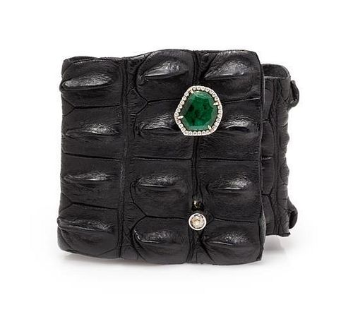 A Diamond, Emerald and Hornback Crocodile Bracelet,
