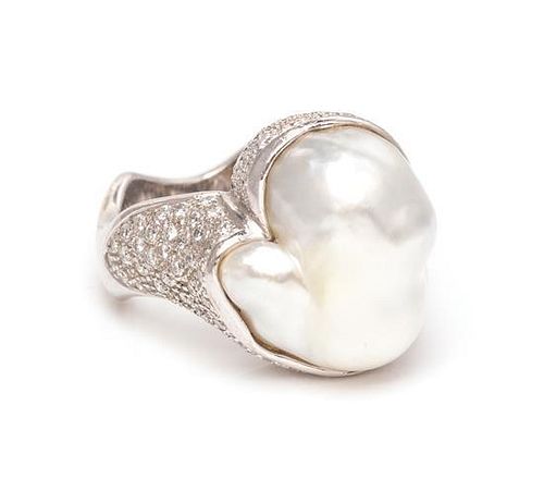An 18 Karat White Gold, Cultured Baroque Pearl and Diamond Ring, Barry Brinker, 10.50 dwts.