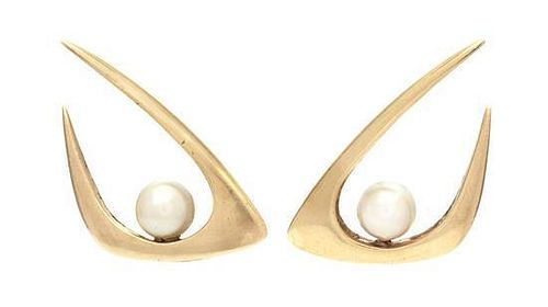 A Pair of Modernist Yellow Gold and Cultured Pearl Earclips, Ed Wiener, 6.20 dwts.