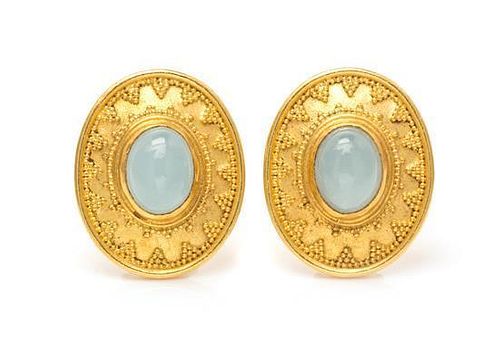 A Pair of 18 Karat Yellow Gold and Chalcedony Earclips, 9.90 dwts.