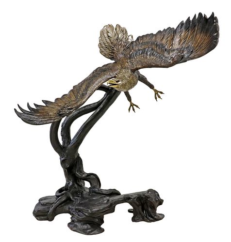 LIFE-SIZED BRONZE WINGED EAGLE SCULPTURE, 82"H