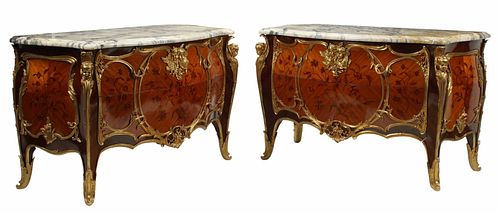 (2) LOUIS XV STYLE BRONZE DORE MARQUETRY COMMODES