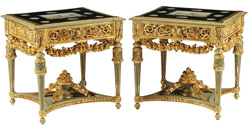 (2) LOUIS XVI STYLE TABLES MICROMOSAIC INLAID TOPS