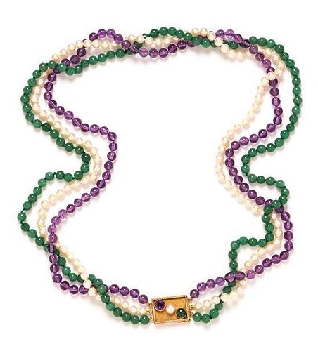 A 14 Karat Yellow Gold, Amethyst, Aventurine Quartz and Cultured Pearl Multi Strand Necklace, 88.10 dwts.
