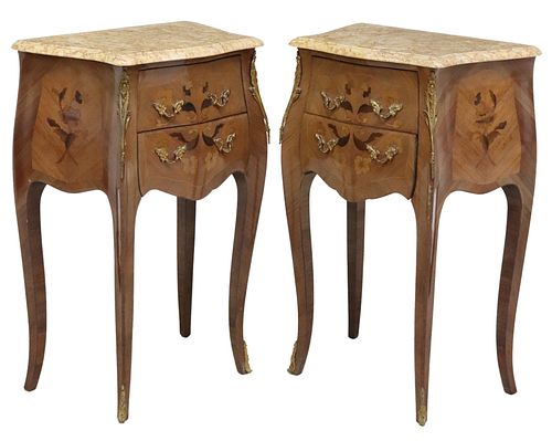 2) LOUIS XV STYLE MARBLE-TOP MARQUETRY NIGHTSTANDS