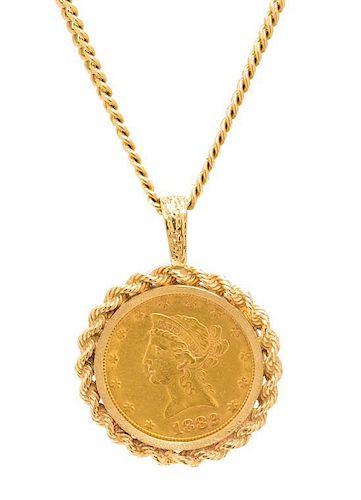 A 14 Karat Yellow Gold and US $10 1882 Liberty Head Coin Pendant, 28.50 dwts.
