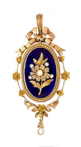 An 18 Karat Bicolor Gold, Enamel, Diamond and Pearl Pendant/Brooch, French, 18.00 dwts.