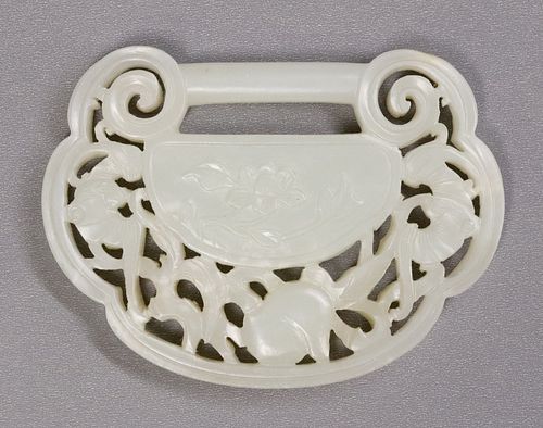 LARGE CHINESE CARVED JADE LOCK-SHAPED PLAQUE