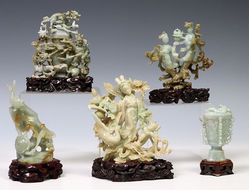 (5) CHINESE CARVED GREEN HARDSTONE CABINET FIGURES