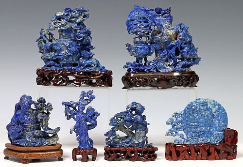 (6) CHINESE CARVED BLUE HARDSTONE CABINET FIGURES