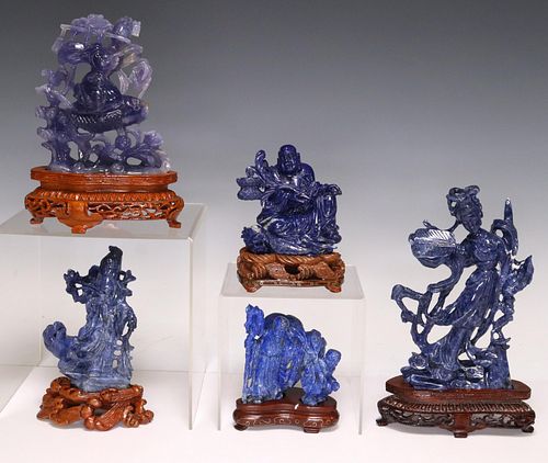 (5) CHINESE CARVED BLUE HARDSTONE CABINET FIGURES