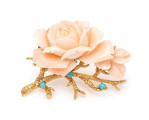 A Yellow Gold, Angel Skin Coral and Turquoise Floral Motif Brooch, 15.90 dwts.