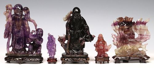 (5) CHINESE CARVED PURPLE HARDSTONE FIGURES